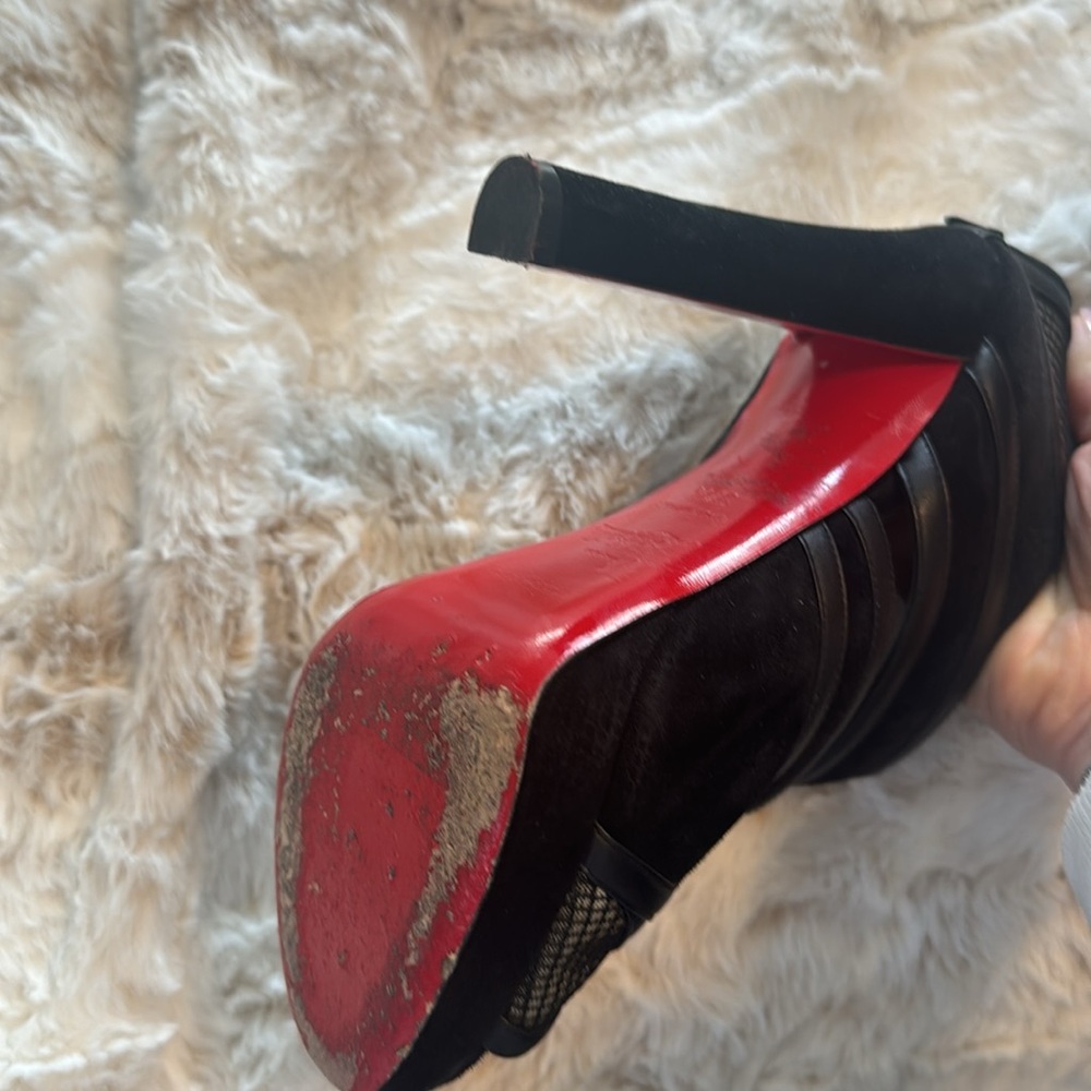 Christian Louboutin Commandanta Suede/Mesh Peep-Toe Red Sole Black Booties - Picture 8 of 11